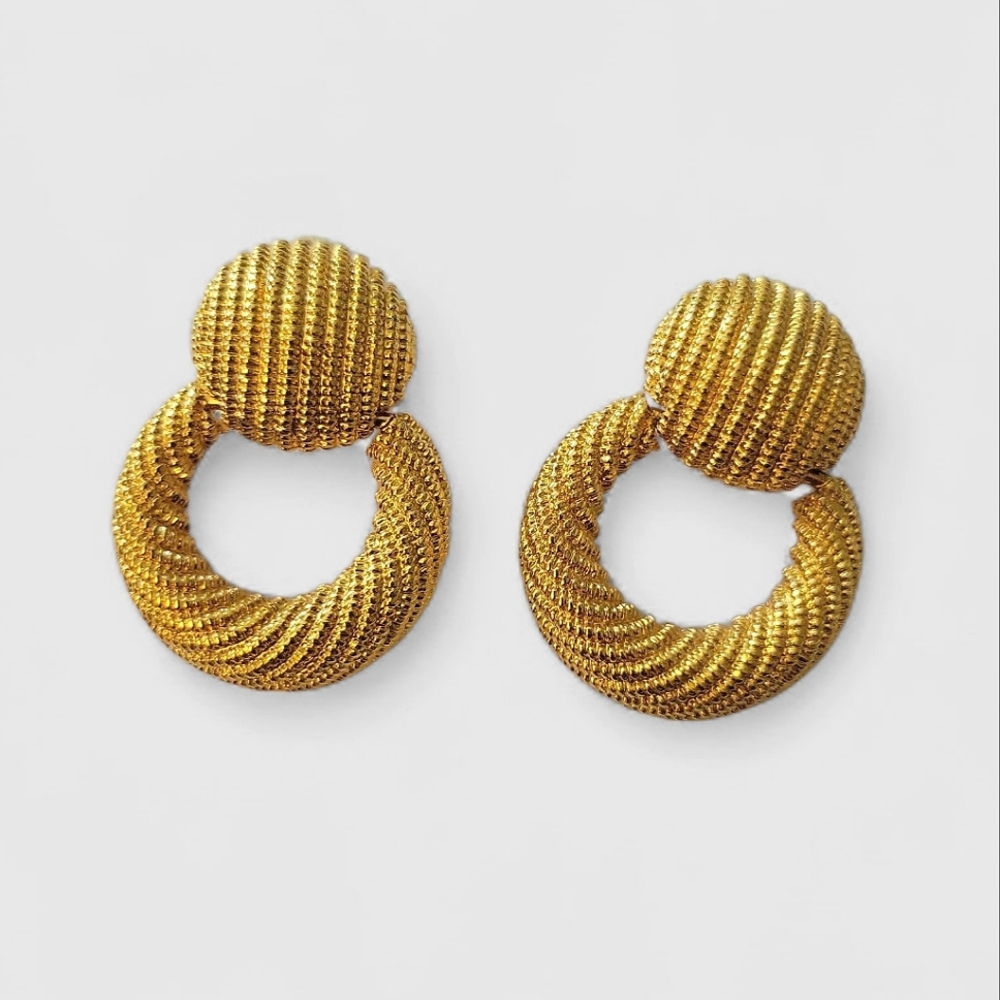 Vintage Clip On Earrings Gold Door Knocker Hoops Mid Century Modern M Stamp Glam
